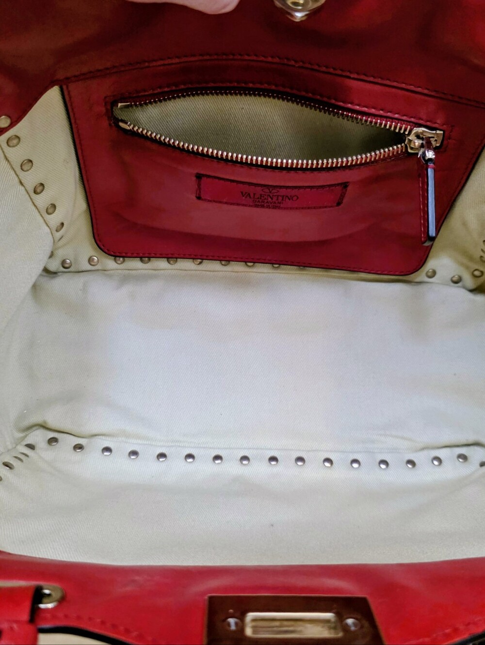 Valentino Garavani Rockstud Red Leather Bag Gold Stud Trim Handbag Tote - Picture 10 of 16